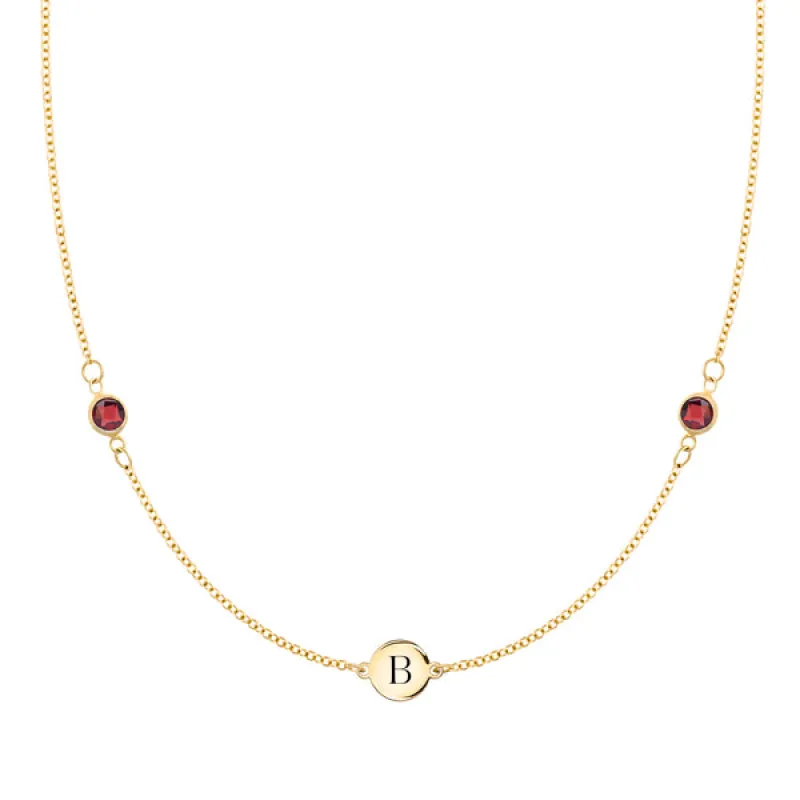 Personalized Classic 1 Letter & 2 Birthstone Necklace in 14k Gold sold by Haverhill