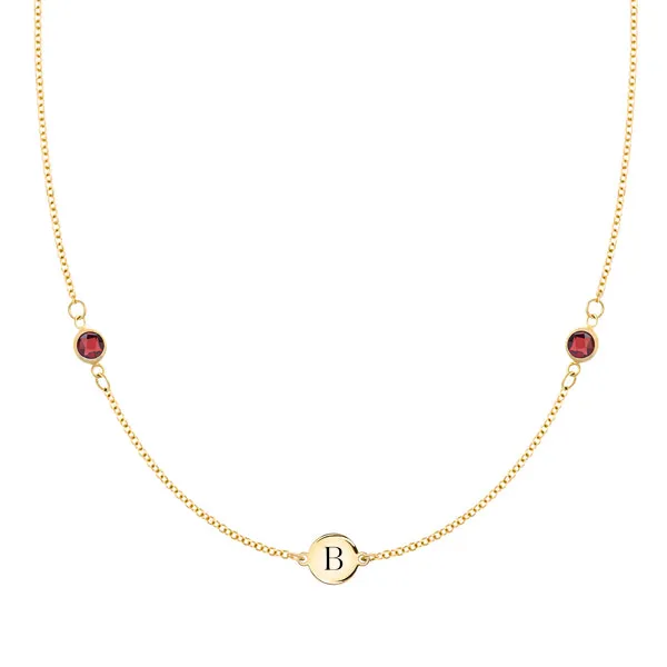 Personalized Classic 1 Letter & 2 Birthstone Necklace in 14k Gold sold by Haverhill