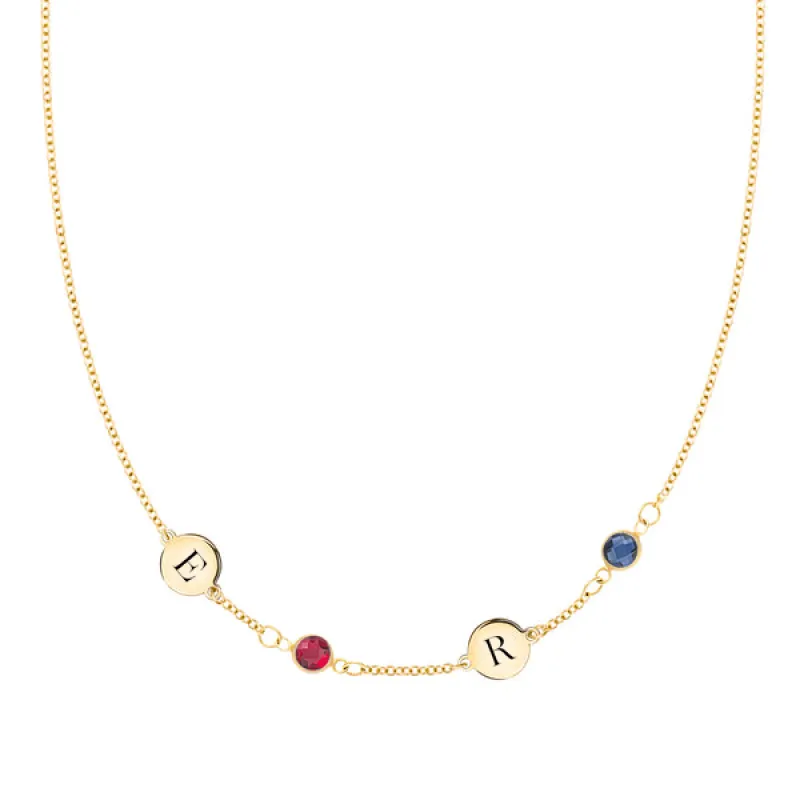 Personalized Classic 2 Letter & 2 Birthstone Necklace in 14k Gold (Single Spacing) sold by Haverhill
