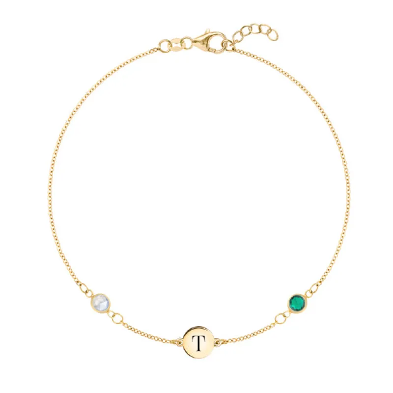 Personalized Classic 1 Letter & 2 Birthstone Bracelet in 14k Gold sold by Haverhill