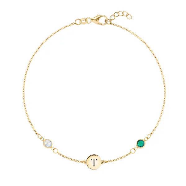 Personalized Classic 1 Letter & 2 Birthstone Bracelet in 14k Gold sold by Haverhill
