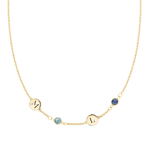 Personalized Classic 2 Letter & 2 Birthstone Necklace in 14k Gold (Single Spacing) sold by Haverhill