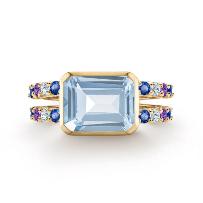 Personalized Warren Horizontal Birthstone Ring with Accent Stones in 14k Gold sold by Haverhill