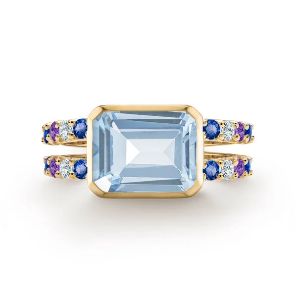 Personalized Warren Horizontal Birthstone Ring with Accent Stones in 14k Gold sold by Haverhill