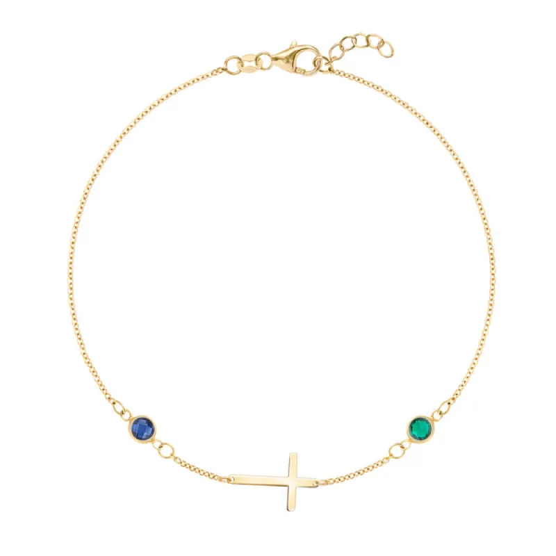 Personalized Classic Cross & 2 Birthstone Bracelet in 14k Gold sold by Haverhill
