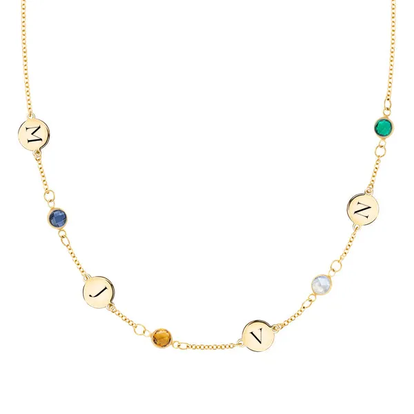 Personalized Classic 4 Letter & 4 Birthstone Necklace in 14k Gold (Single Spacing) sold by Haverhill
