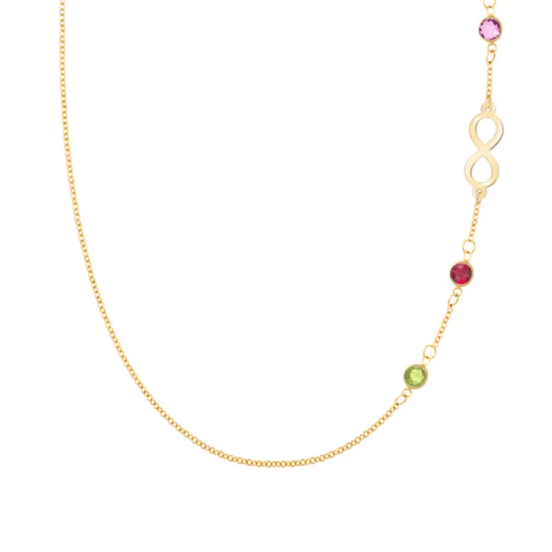 Personalized Classic Infinity & 3 Birthstone Necklace in 14k Gold sold by Haverhill