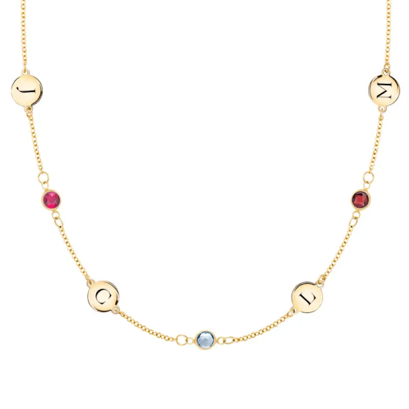 Personalized Classic 4 Letter & 3 Birthstone Necklace in 14k Gold (Double Spacing) sold by Haverhill