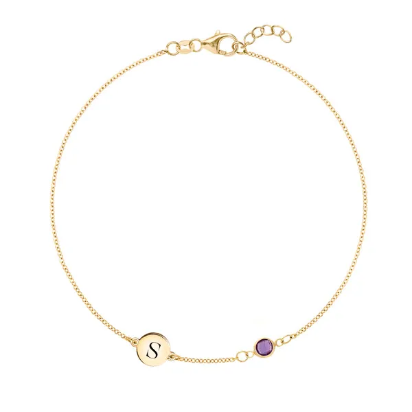 Personalized Classic 1 Letter & 1 Amethyst Bracelet in 14k Gold (February) sold by Haverhill