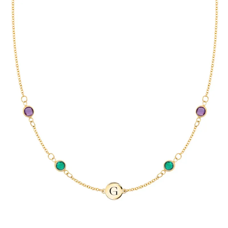 Personalized Classic 1 Letter & 4 Birthstone Necklace in 14k Gold (Double Spacing) sold by Haverhill