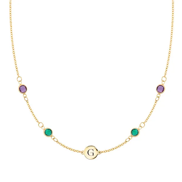 Personalized Classic 1 Letter & 4 Birthstone Necklace in 14k Gold (Double Spacing) sold by Haverhill