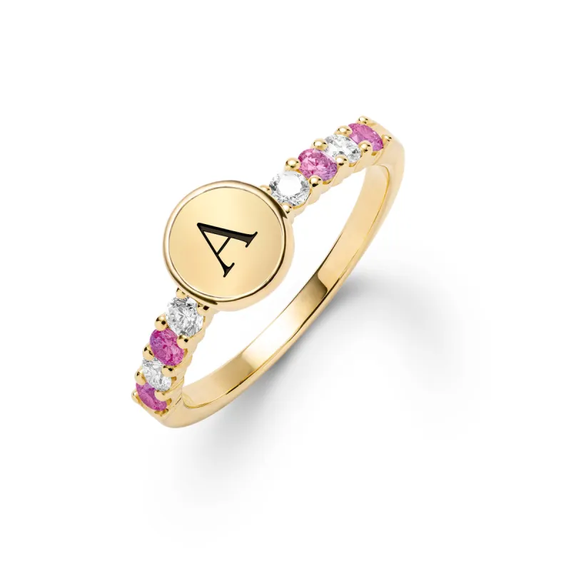 Rosecliff Letter Diamond & Pink Sapphire Ring in 14k Gold (October) sold by Haverhill