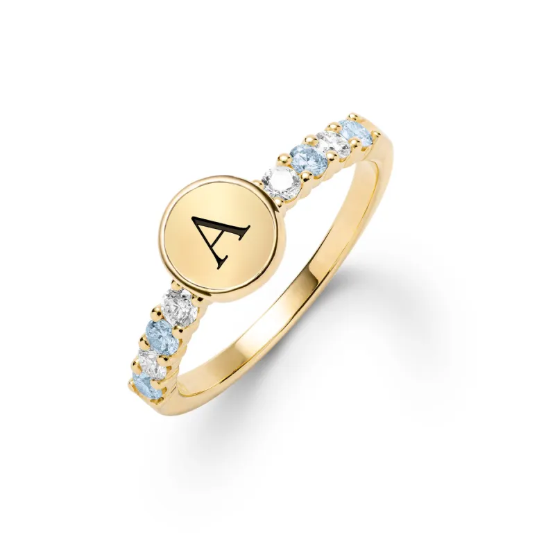 Rosecliff Letter Diamond & Nantucket Blue Topaz Ring in 14k Gold (December) sold by Haverhill