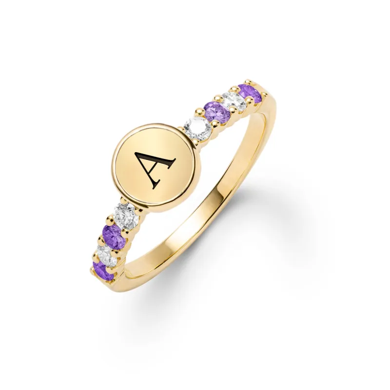 Rosecliff Letter Diamond & Amethyst Ring in 14k Gold (February) sold by Haverhill