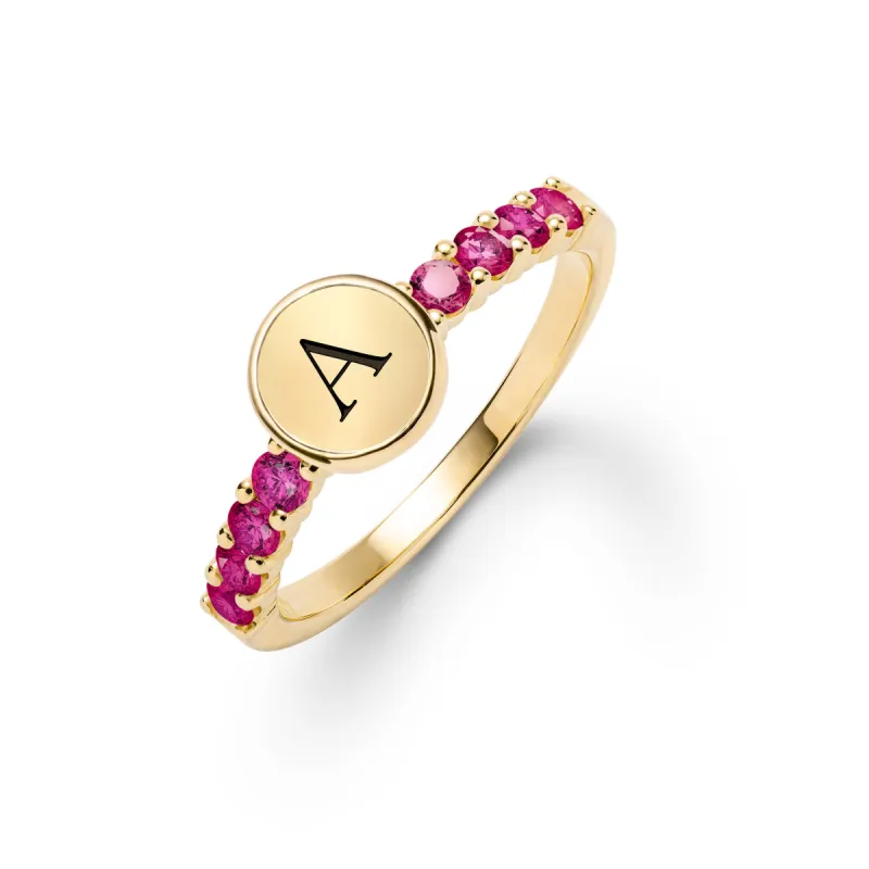 Rosecliff Letter Ruby Ring in 14k Gold (July) sold by Haverhill