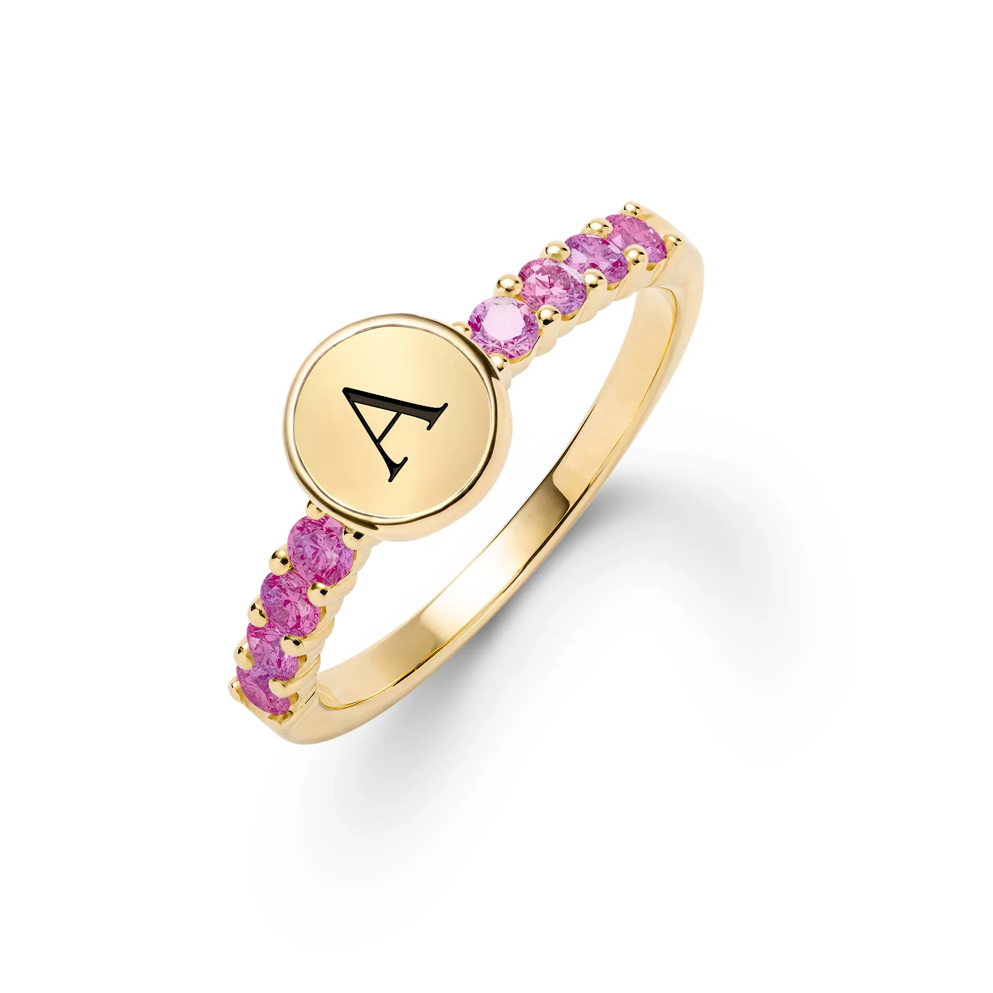 Rosecliff Letter Pink Sapphire Ring in 14k Gold (October) sold by Haverhill