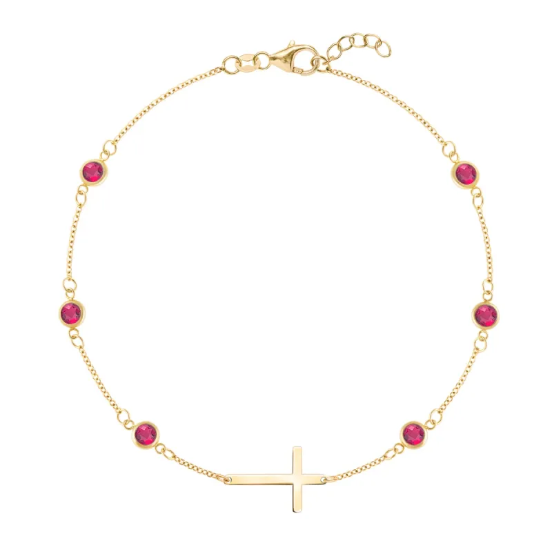 Bayberry Ruby Birthstone Cross Bracelet in 14k Gold (July) sold by Haverhill