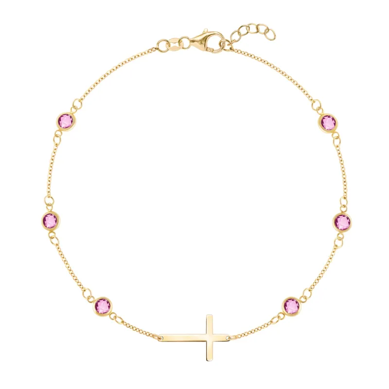 Bayberry Pink Sapphire Birthstone Cross Bracelet in 14k Gold (October) sold by Haverhill