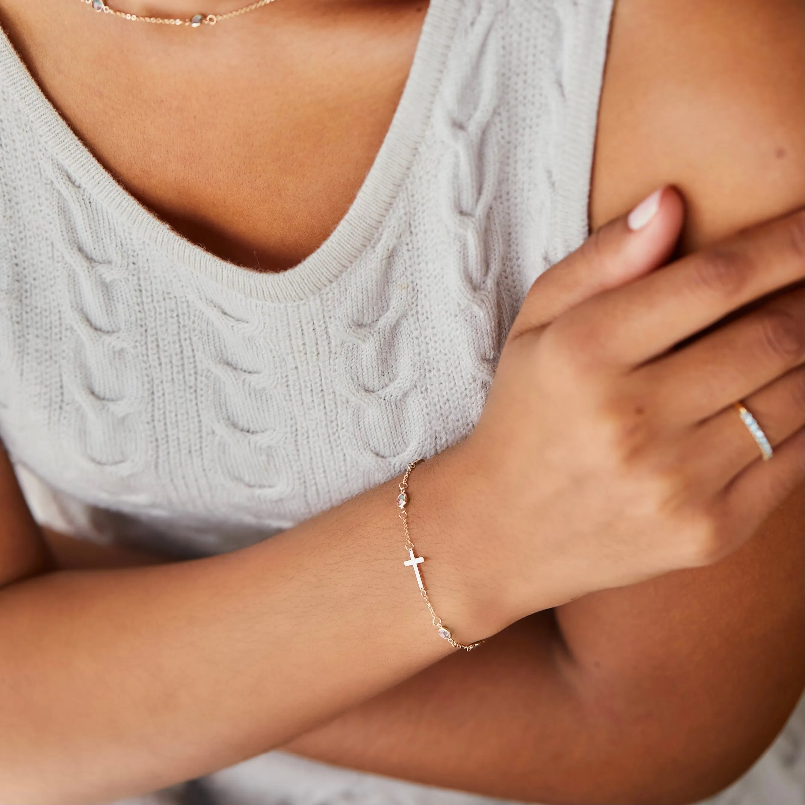 Bayberry Moonstone Birthstone Cross Bracelet in 14k Gold (June) sold by Haverhill product image thumbnail 2