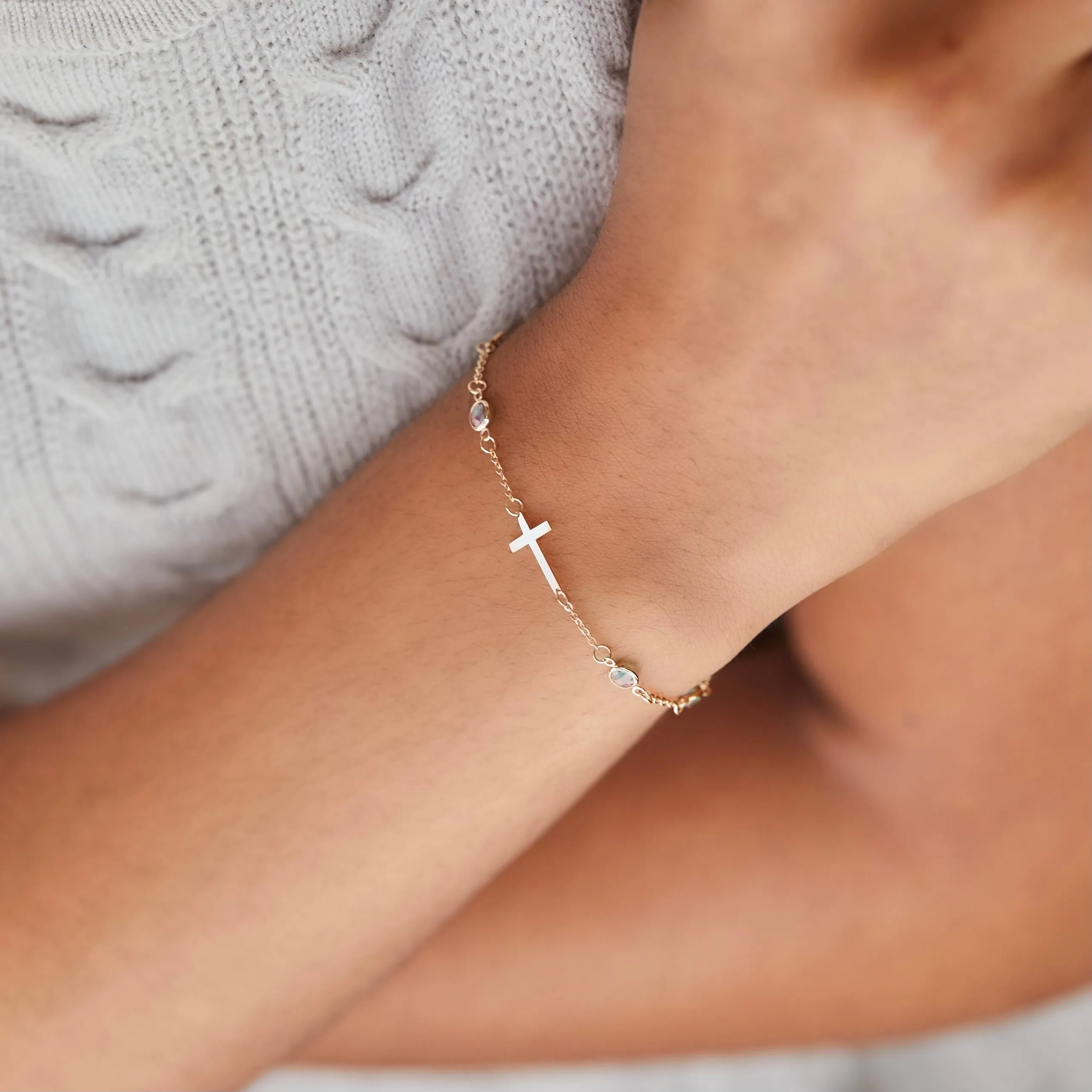 Bayberry Moonstone Birthstone Cross Bracelet in 14k Gold (June) sold by Haverhill product image thumbnail 3