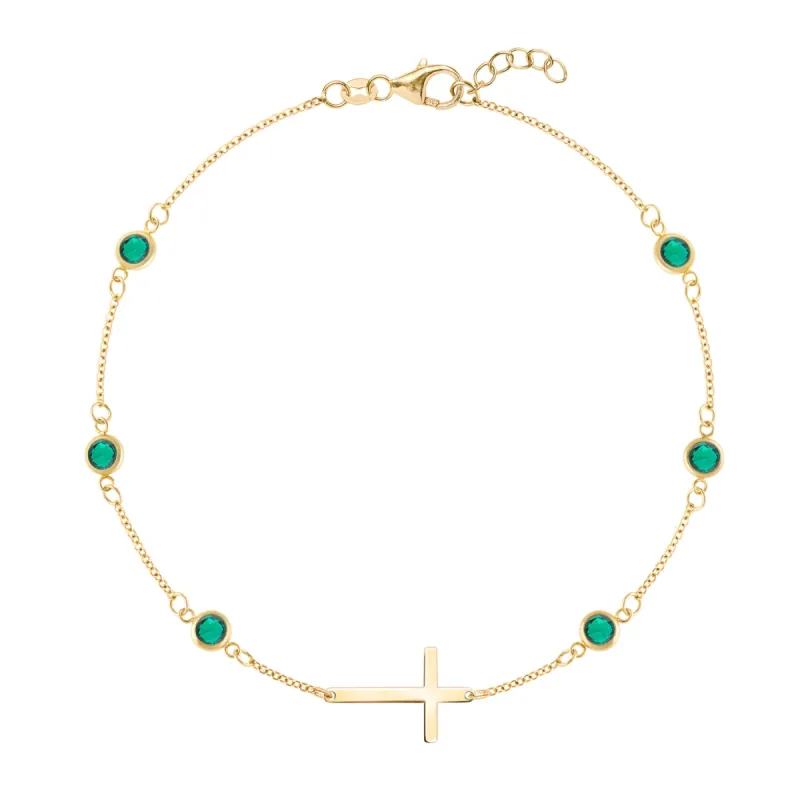 Bayberry Emerald Birthstone Cross Bracelet in 14k Gold (May) sold by Haverhill