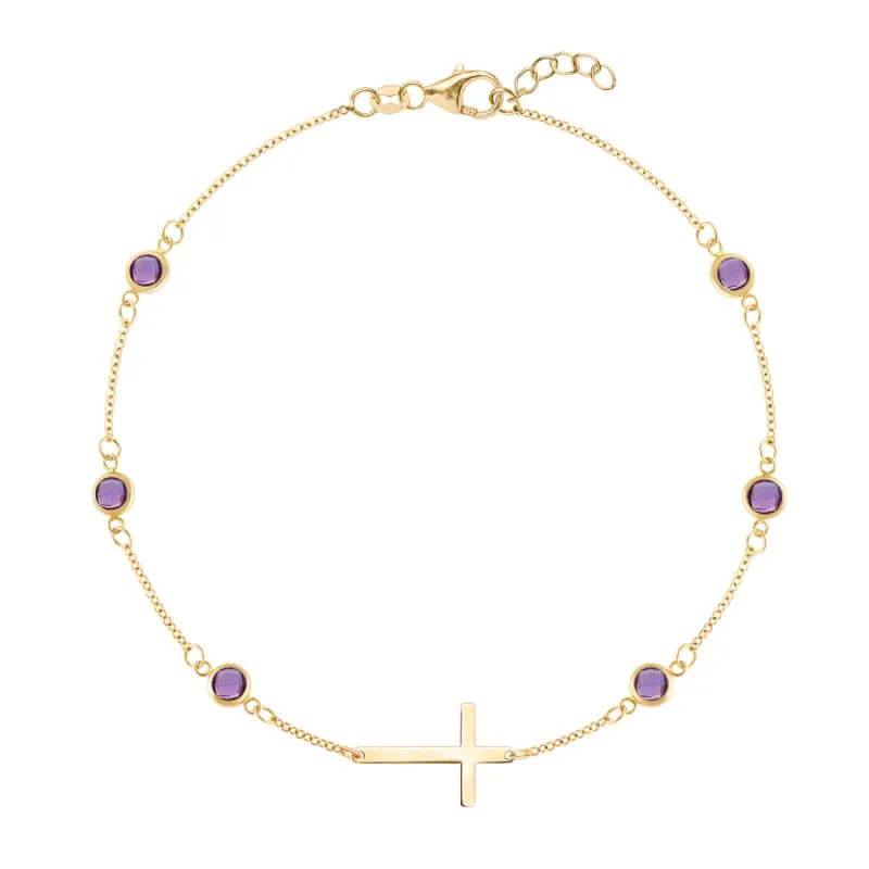 Bayberry Amethyst Birthstone Cross Bracelet in 14k Gold (February) sold by Haverhill