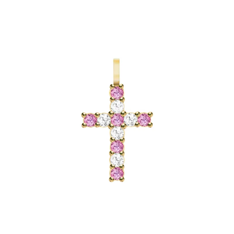 Rosecliff Cross Diamond & Pink Sapphire Pendant in 14k Gold (October) sold by Haverhill