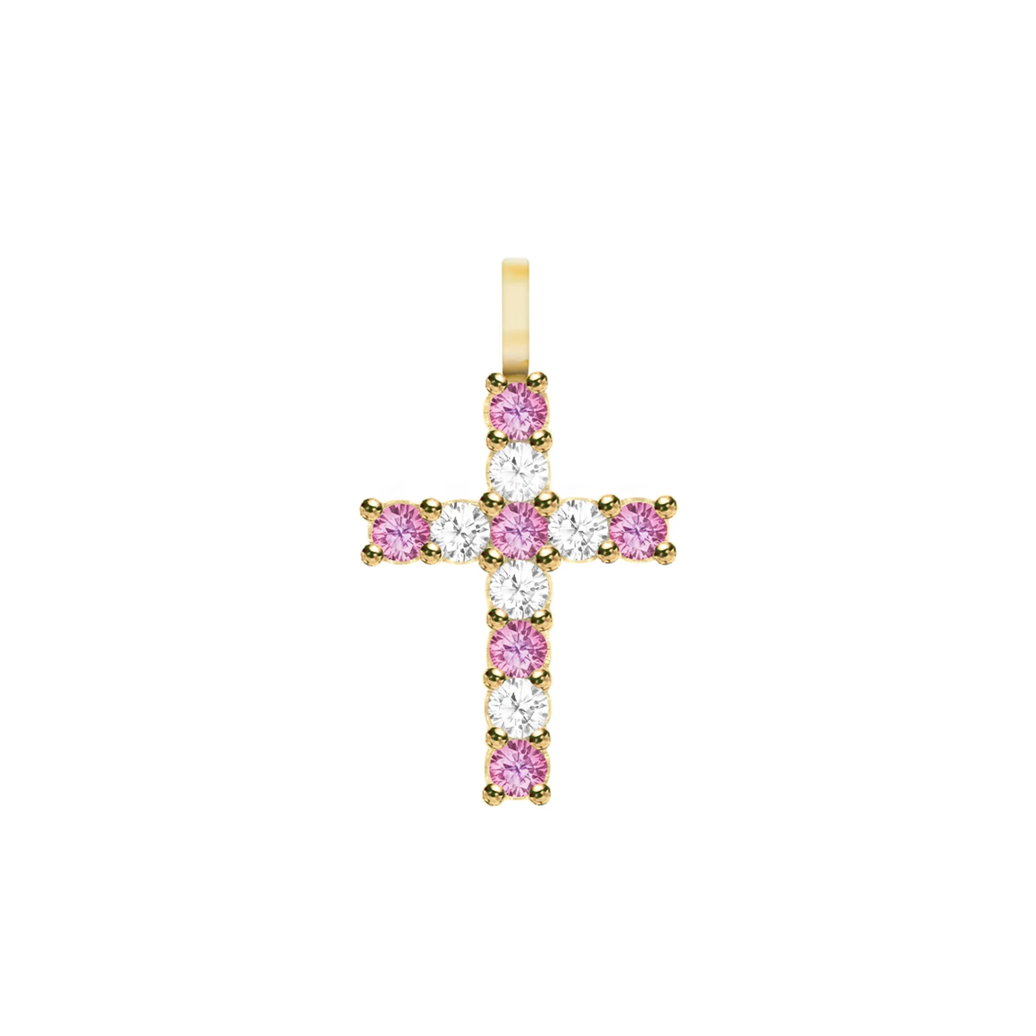 Rosecliff Cross Diamond & Pink Sapphire Pendant in 14k Gold (October) sold by Haverhill
