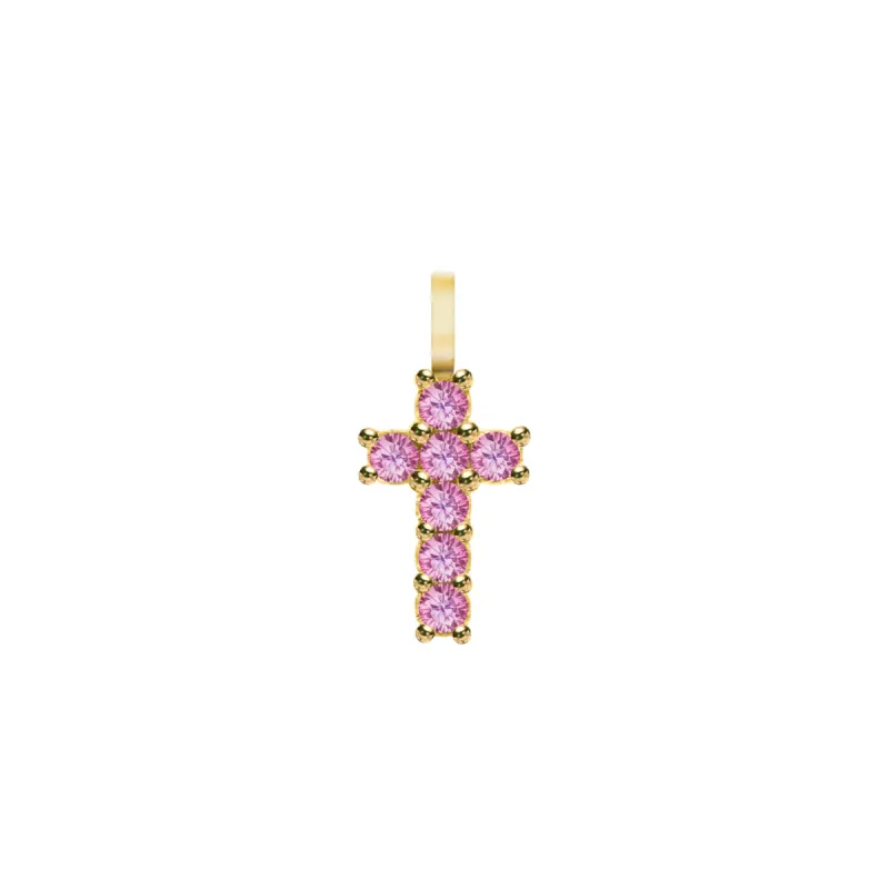 Rosecliff Small Cross Pink Sapphire Pendant in 14k Gold (October) sold by Haverhill