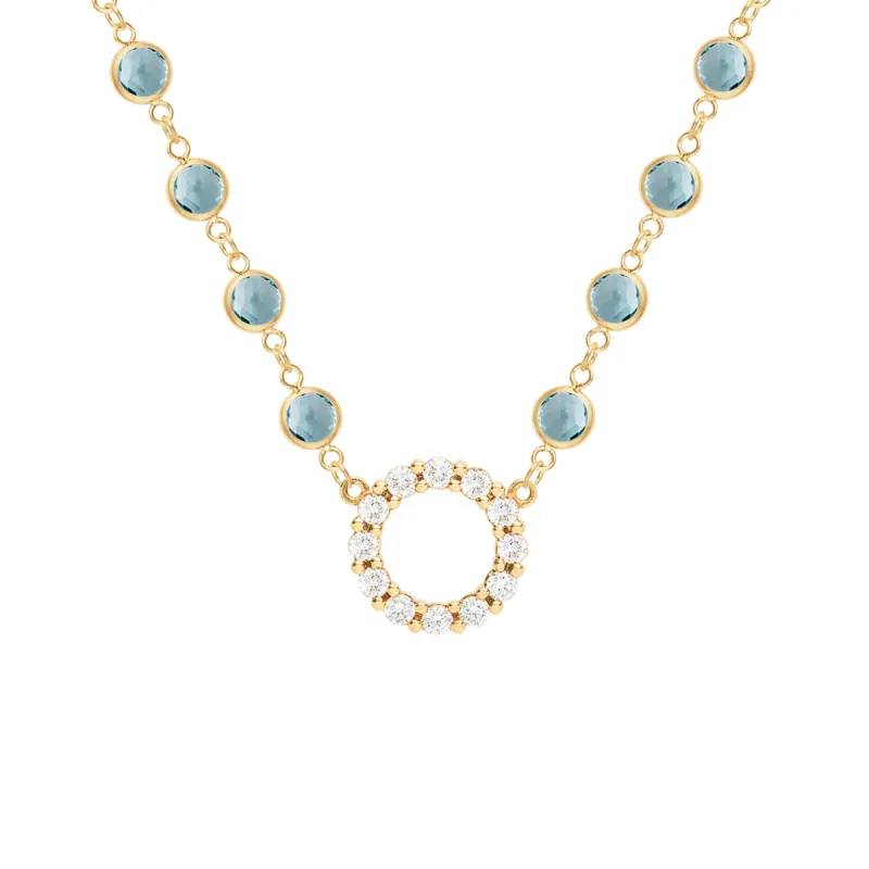 Rosecliff Diamond Small Circle & Newport Nantucket Blue Topaz Necklace in 14k Gold (December) sold by Haverhill