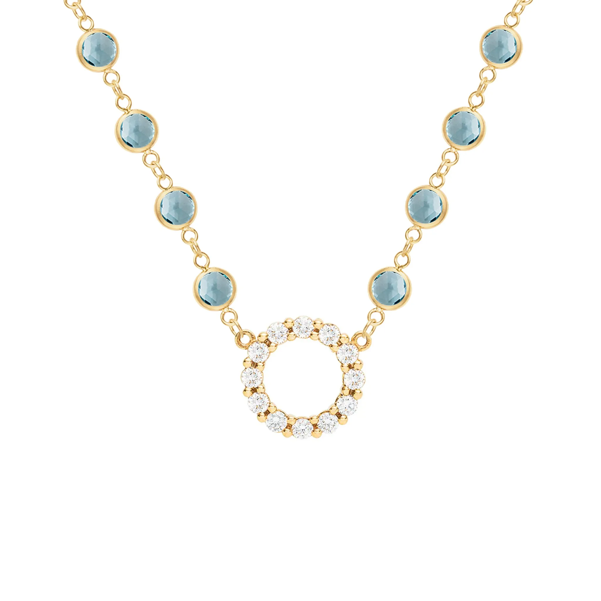 Rosecliff Diamond Small Circle & Newport Nantucket Blue Topaz Necklace in 14k Gold (December) sold by Haverhill