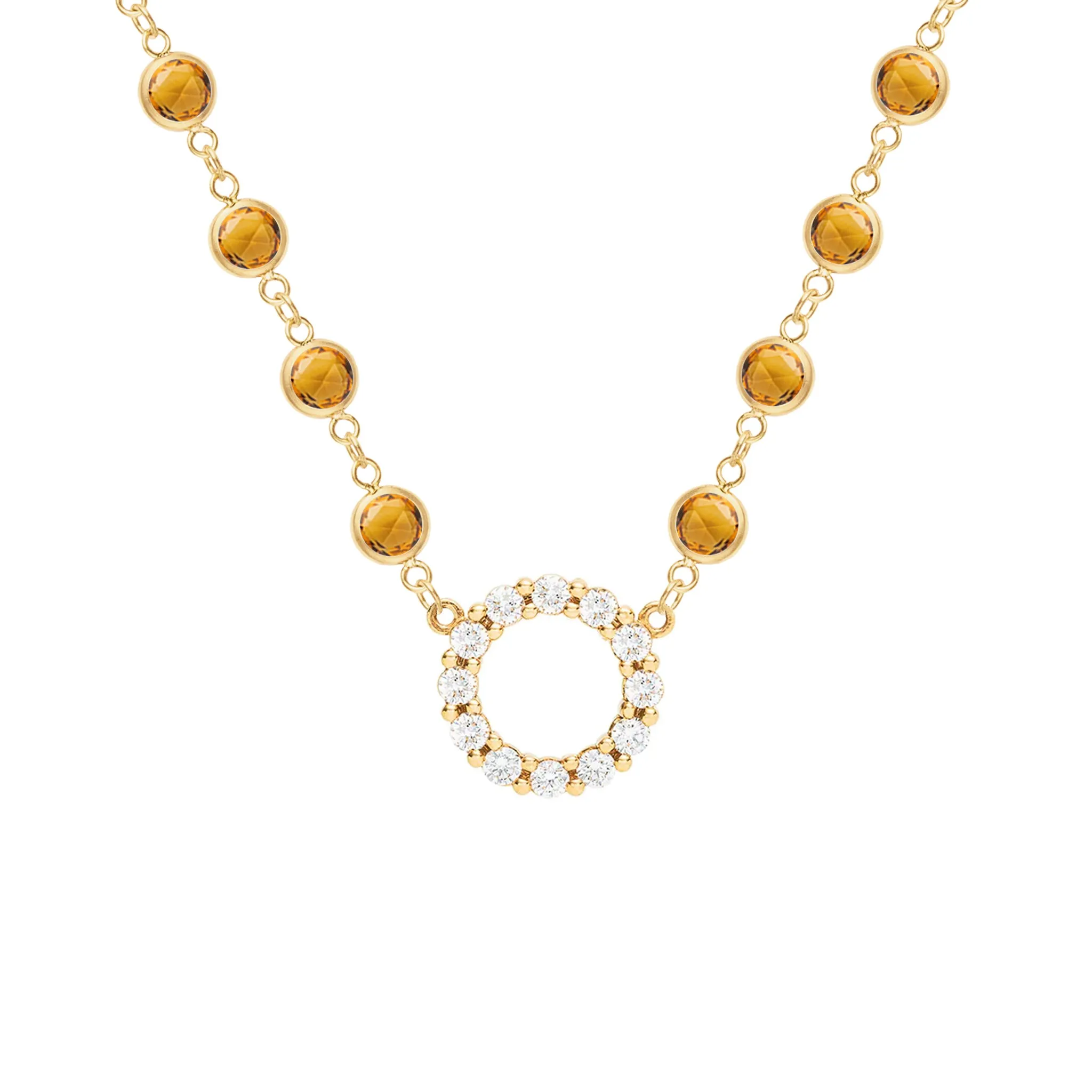 Rosecliff Diamond Small Circle & Newport Citrine Necklace in 14k Gold (November) sold by Haverhill