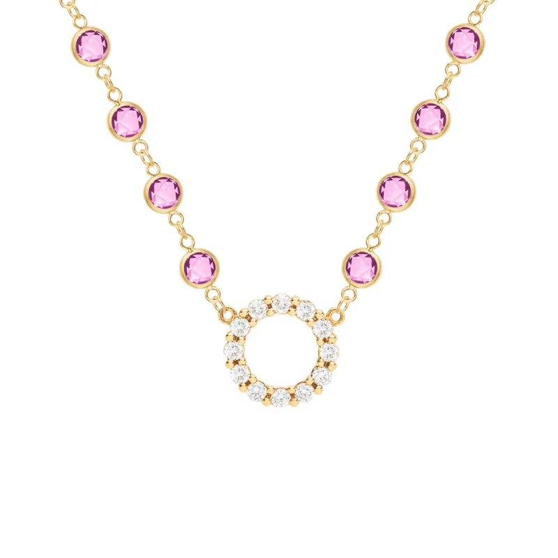 Rosecliff Diamond Small Circle & Newport Pink Sapphire Necklace in 14k Gold (October) sold by Haverhill