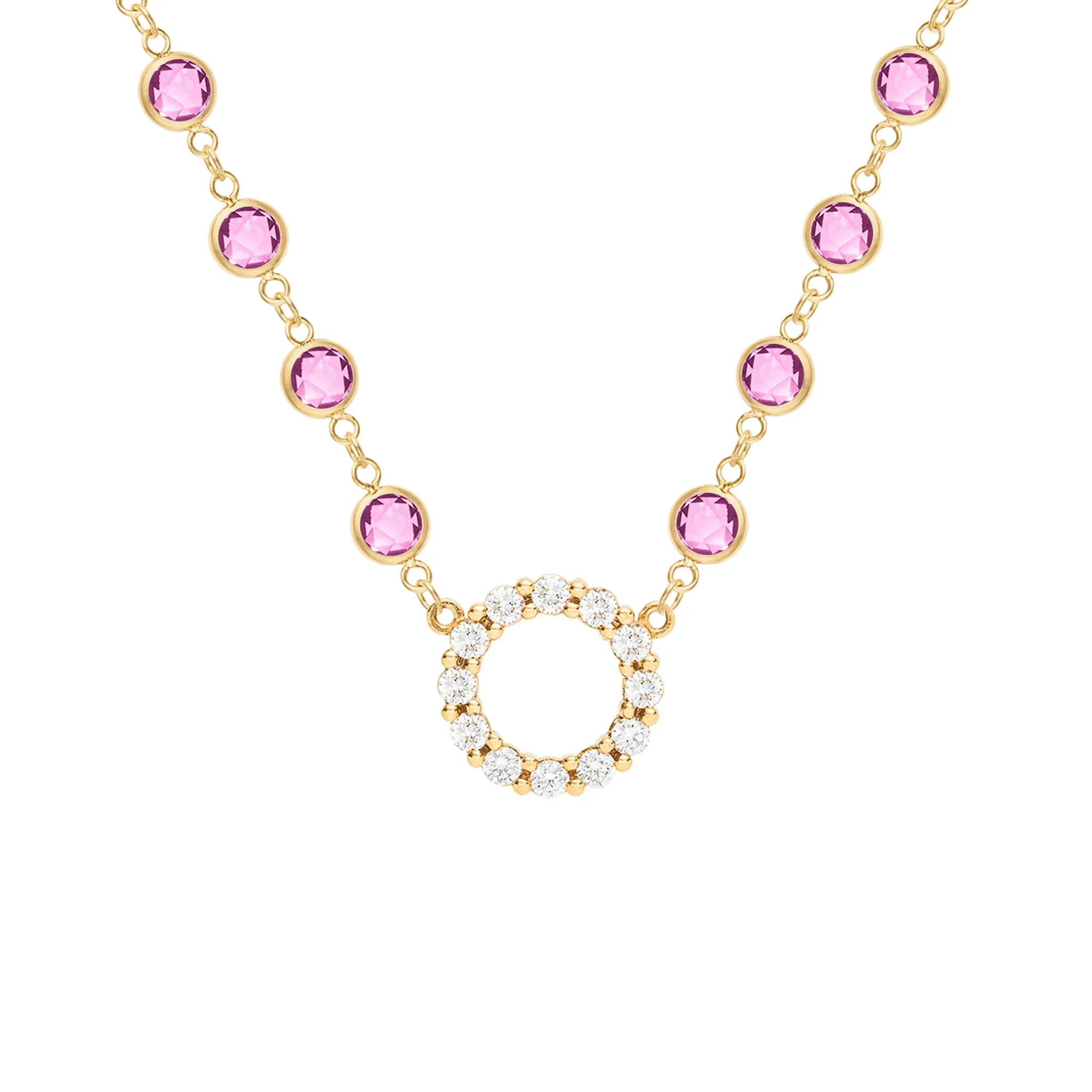 Rosecliff Diamond Small Circle & Newport Pink Sapphire Necklace in 14k Gold (October) sold by Haverhill