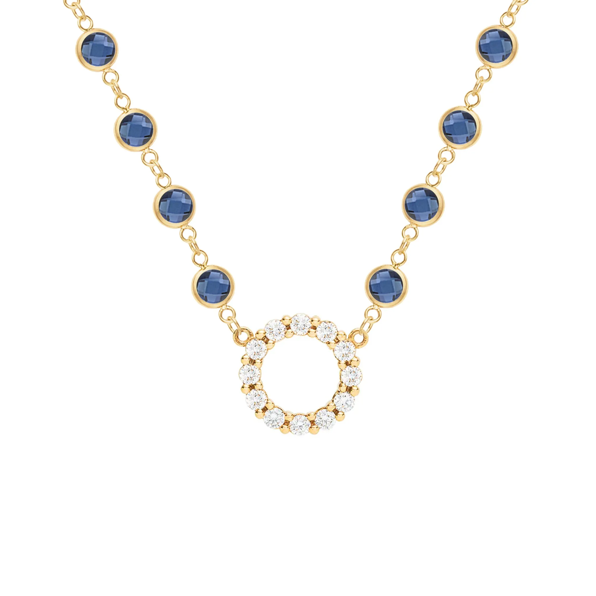 Rosecliff Diamond Small Circle & Newport Sapphire Necklace in 14k Gold (September) sold by Haverhill