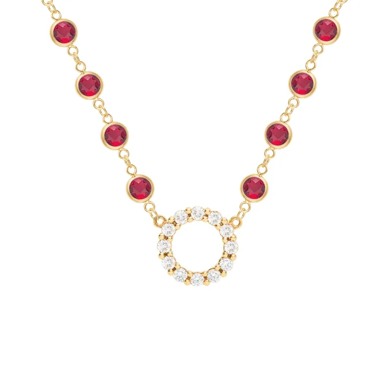 Rosecliff Diamond Small Circle & Newport Ruby Necklace in 14k Gold (July) sold by Haverhill