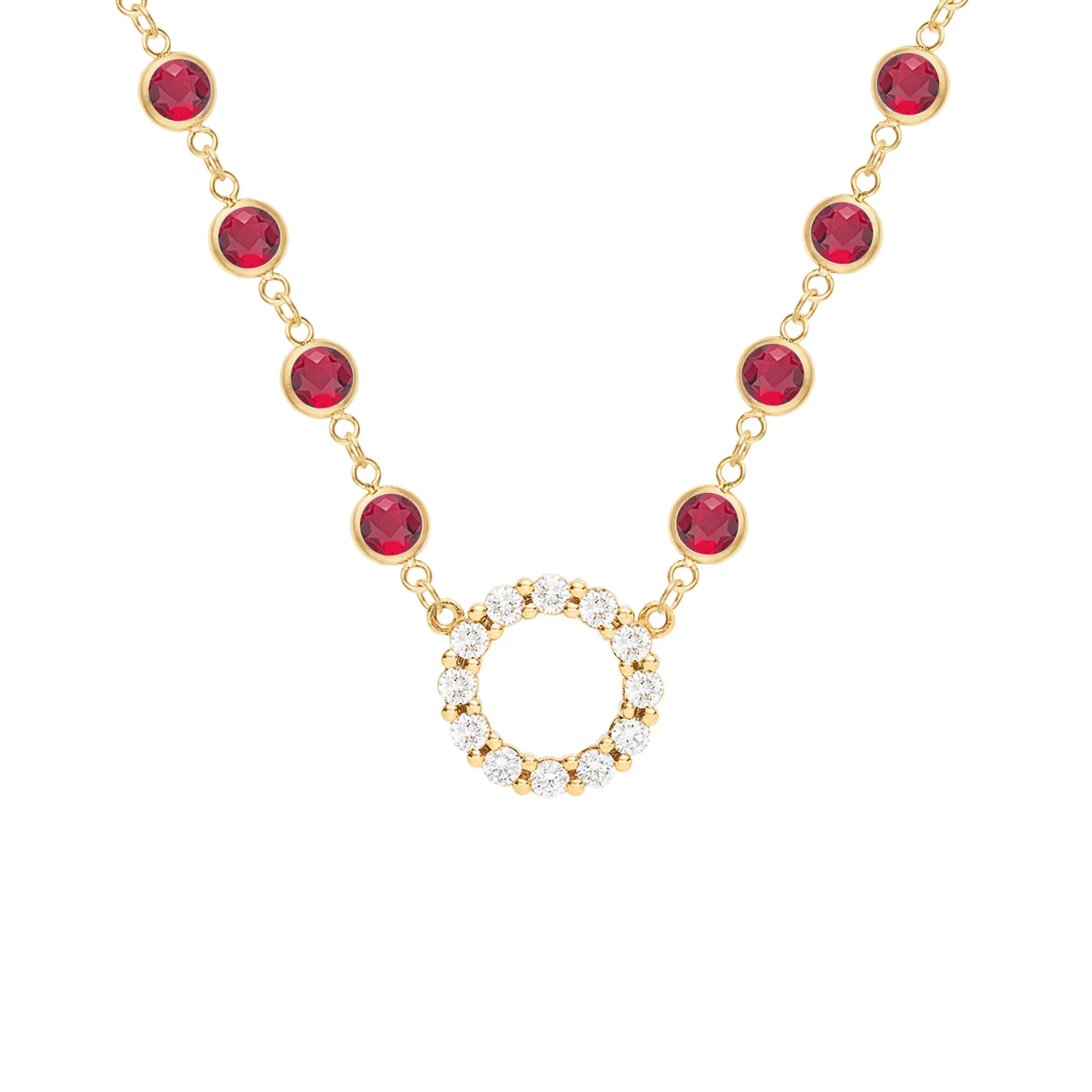Rosecliff Diamond Small Circle & Newport Ruby Necklace in 14k Gold (July) sold by Haverhill