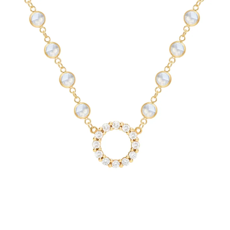 Rosecliff Diamond Small Circle & Newport Moonstone Necklace in 14k Gold (June) sold by Haverhill