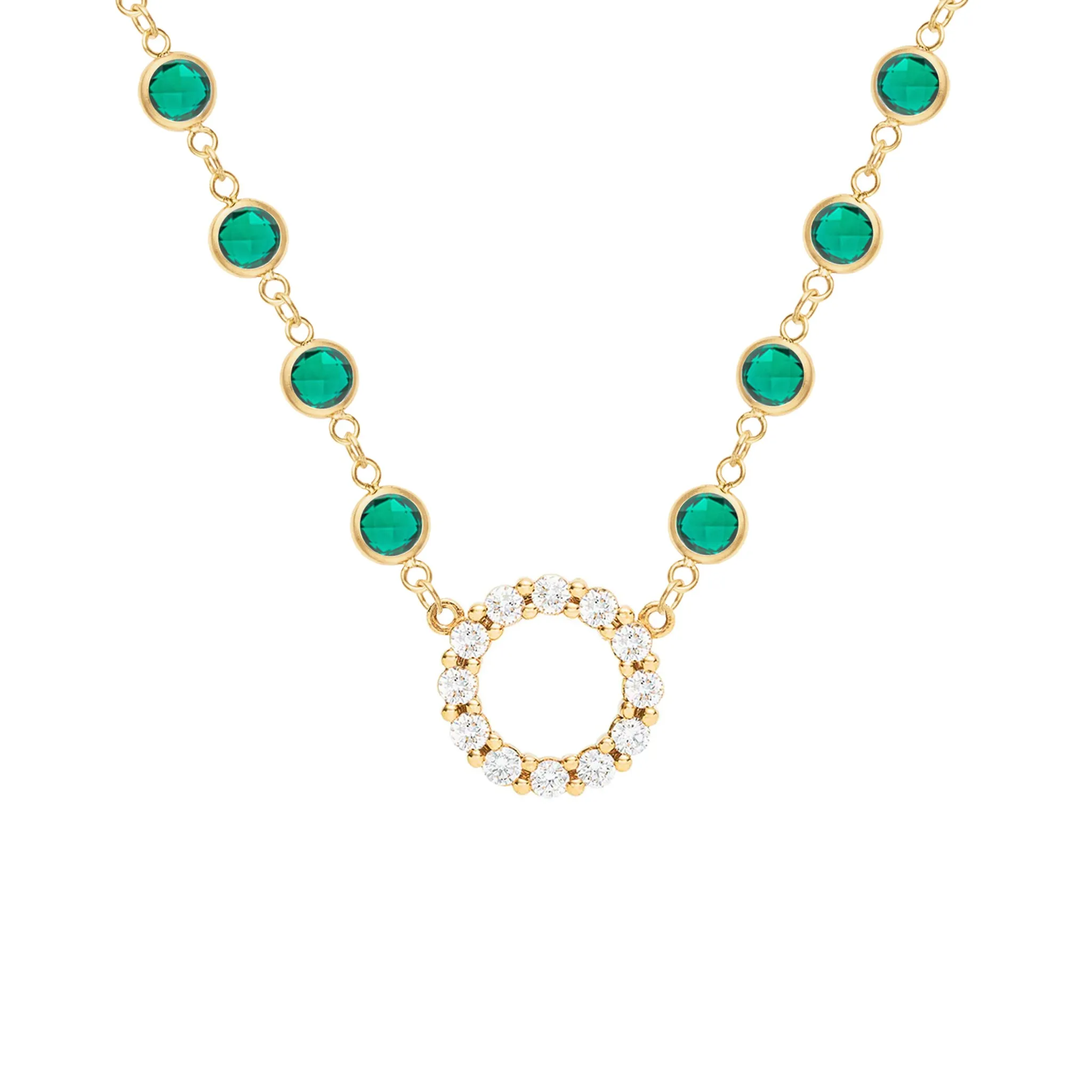 Rosecliff Diamond Small Circle & Newport Emerald Necklace in 14k Gold (May) sold by Haverhill