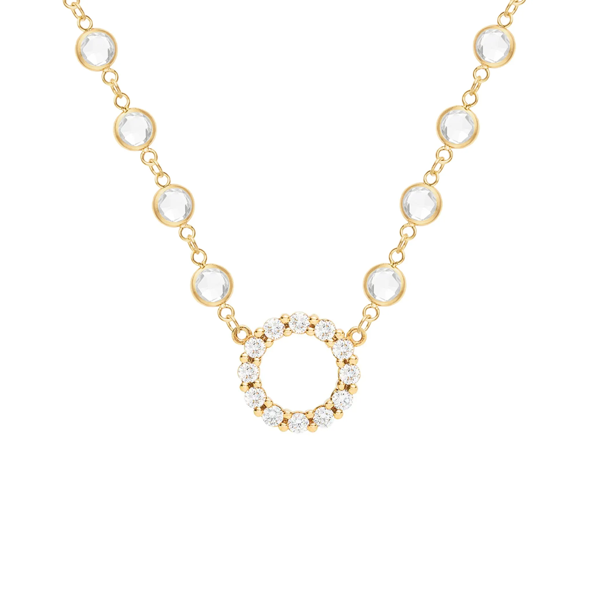 Rosecliff Diamond Small Circle & Newport White Topaz Necklace in 14k Gold (April) sold by Haverhill