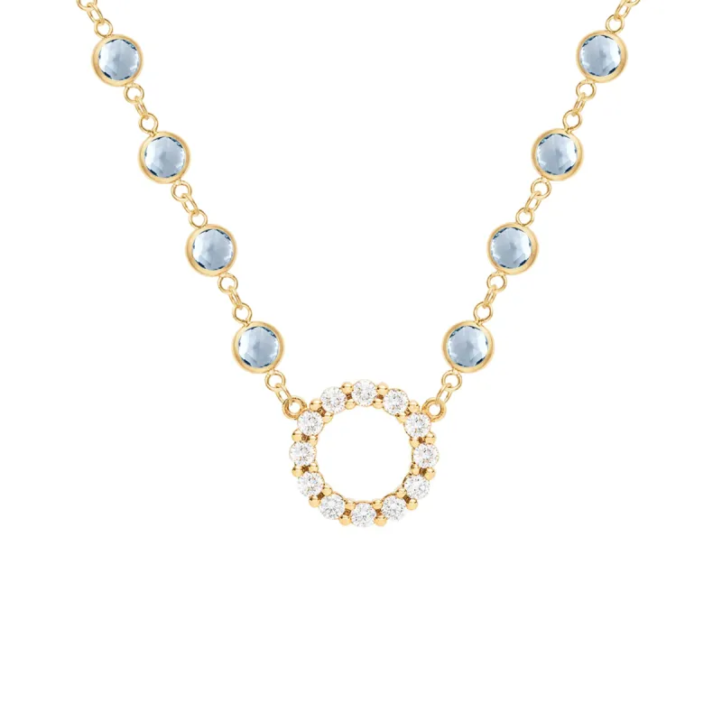 Rosecliff Diamond Small Circle & Newport Aquamarine Necklace in 14k Gold (March) sold by Haverhill
