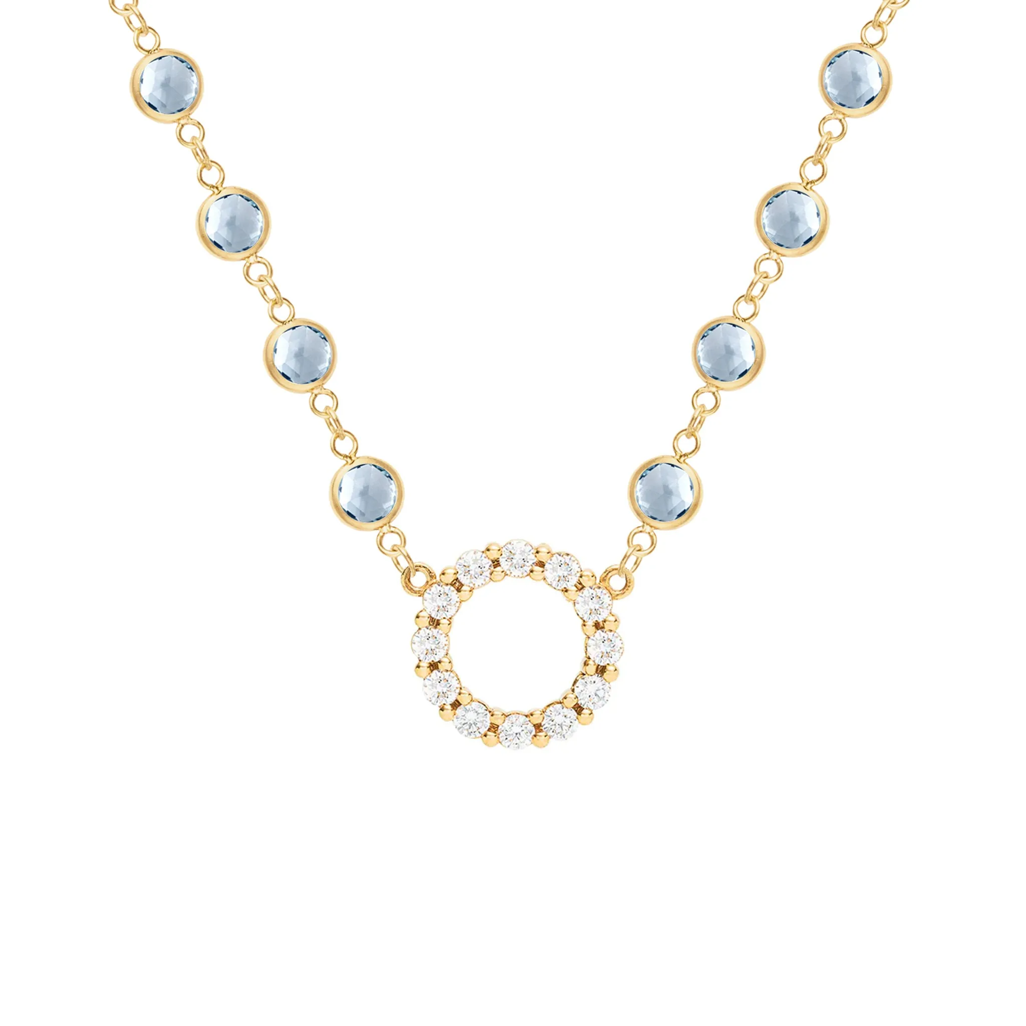 Rosecliff Diamond Small Circle & Newport Aquamarine Necklace in 14k Gold (March) sold by Haverhill