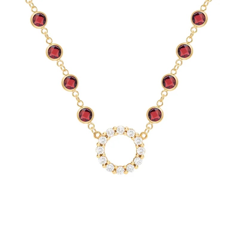 Rosecliff Diamond Small Circle & Newport Garnet Necklace in 14k Gold (January) sold by Haverhill