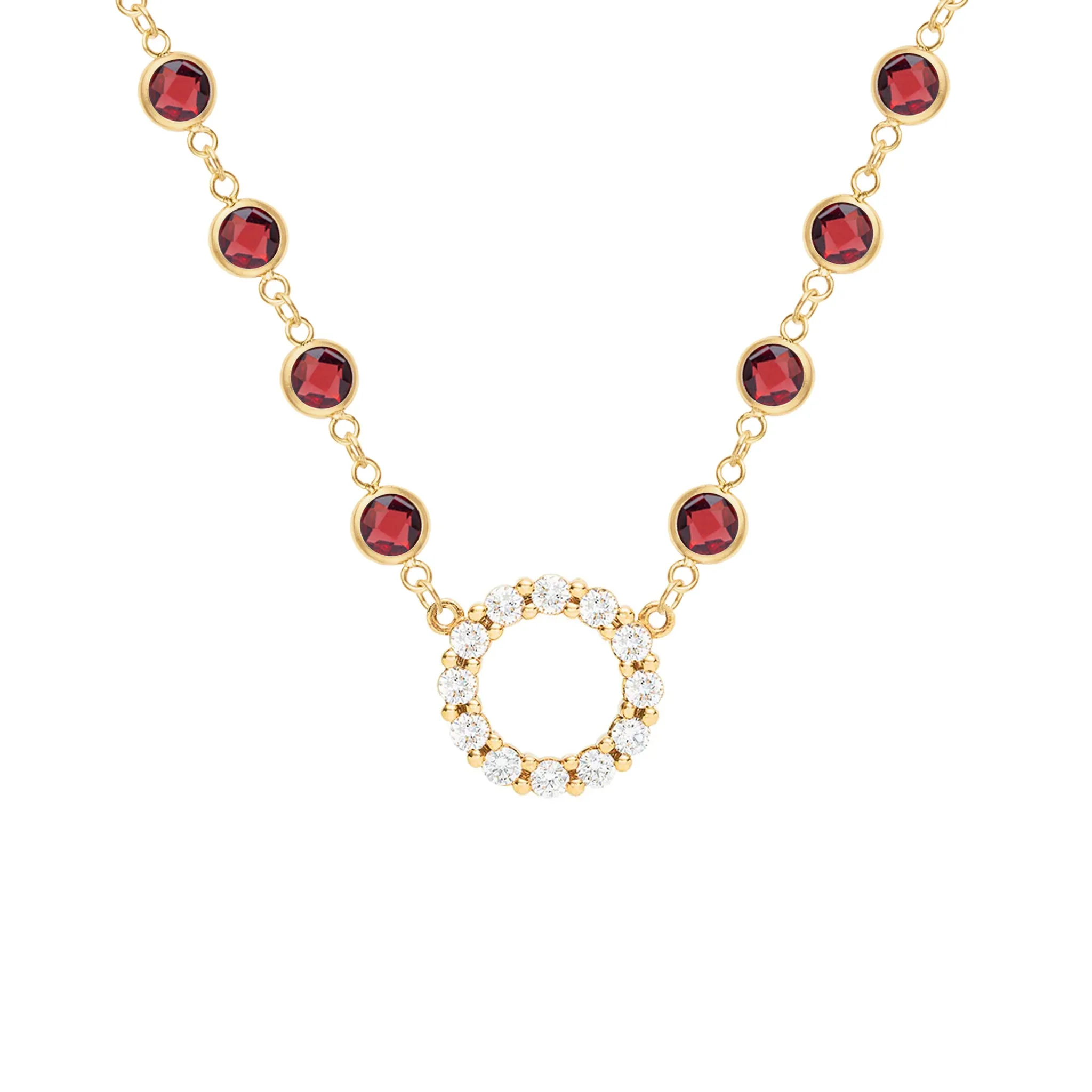 Rosecliff Diamond Small Circle & Newport Garnet Necklace in 14k Gold (January) sold by Haverhill