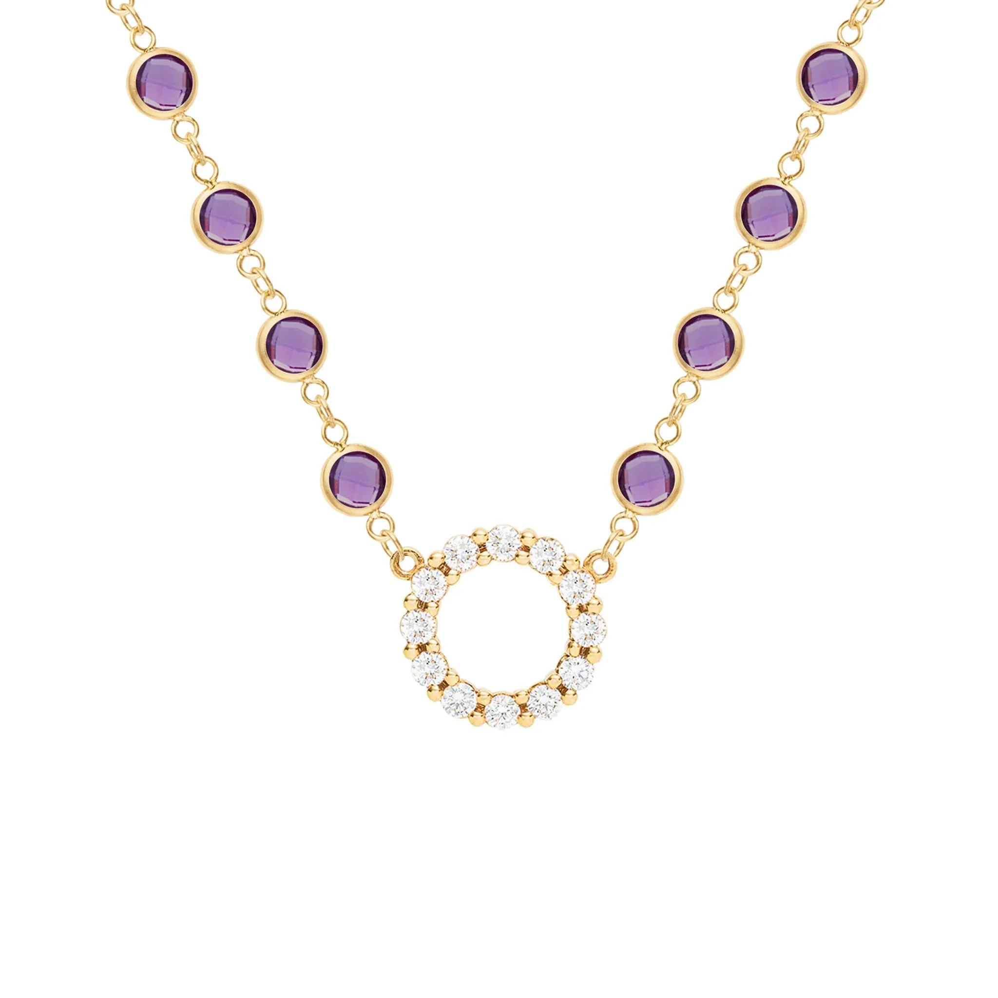 Rosecliff Diamond Small Circle & Newport Amethyst Necklace in 14k Gold (February) sold by Haverhill