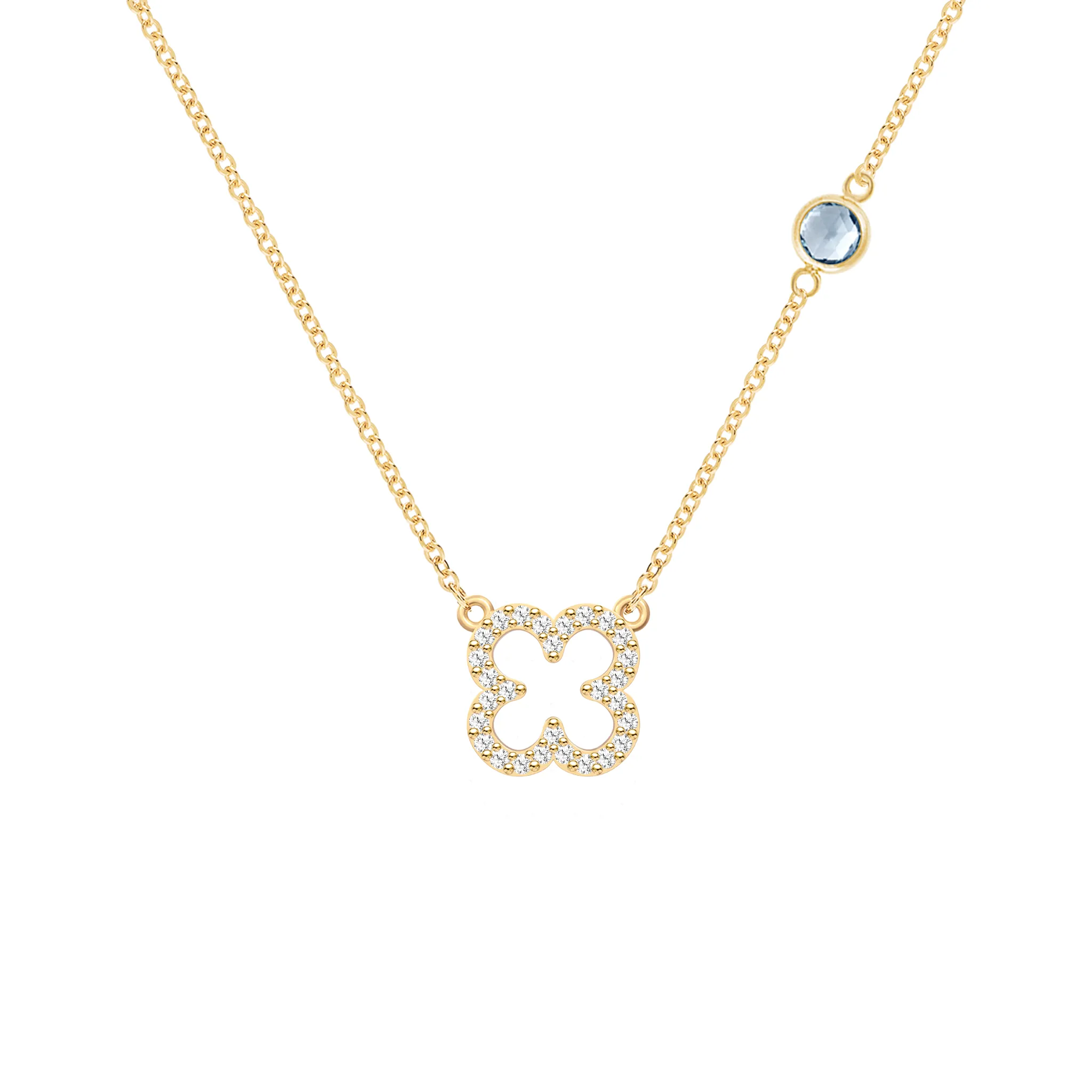 Diamond Clover & Aquamarine Necklace in 14k Gold (March) sold by Haverhill