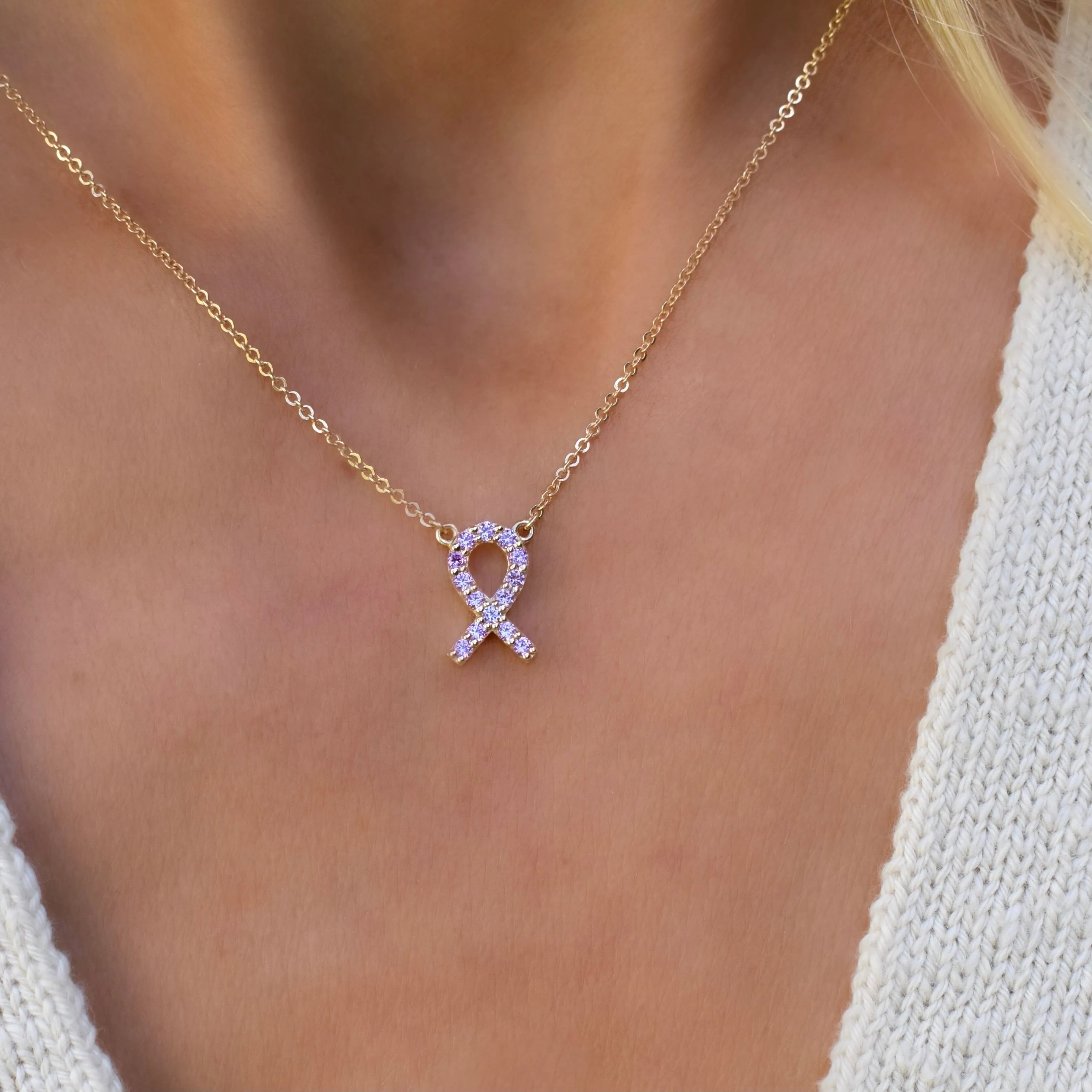 Pink Awareness Pave Ribbon Necklace in 14k Gold sold by Haverhill product image thumbnail 3