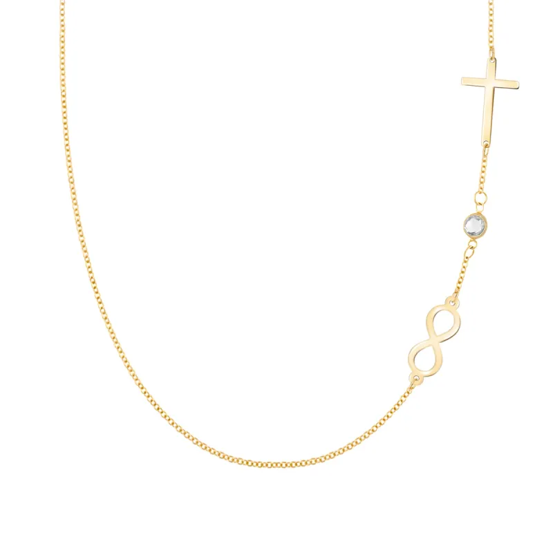 Infinity & Cross with 1 Petite Birthstone Necklace in 14k Gold sold by Haverhill