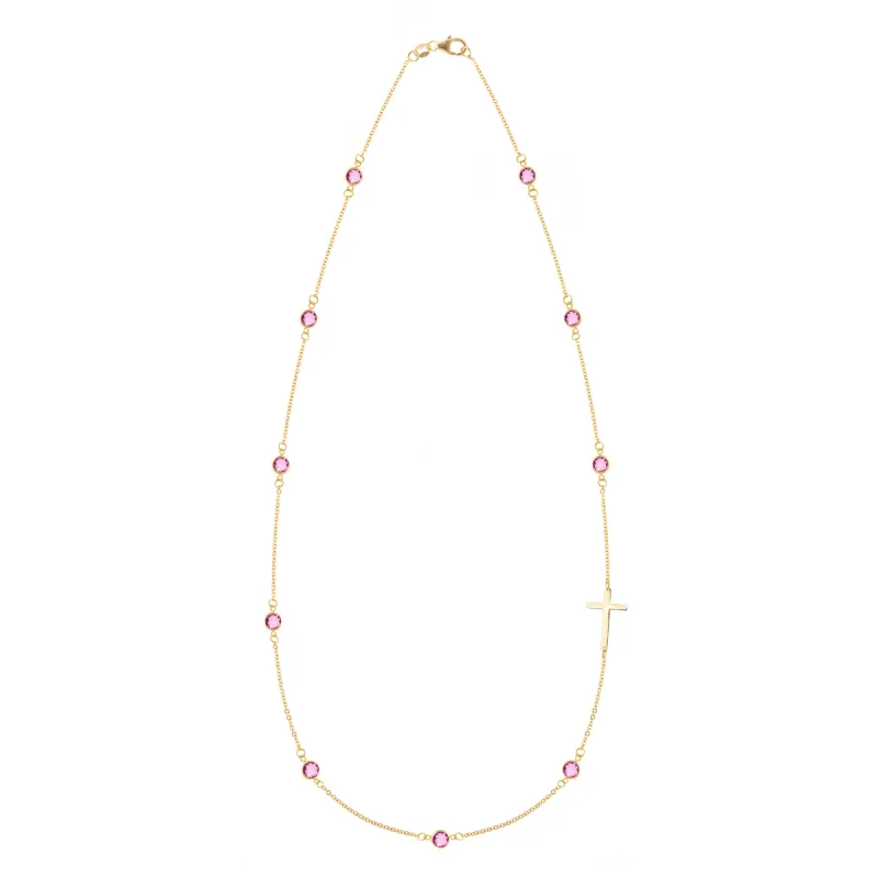 Bayberry Pink Sapphire Birthstone Cross Necklace in 14k Gold (October) sold by Haverhill