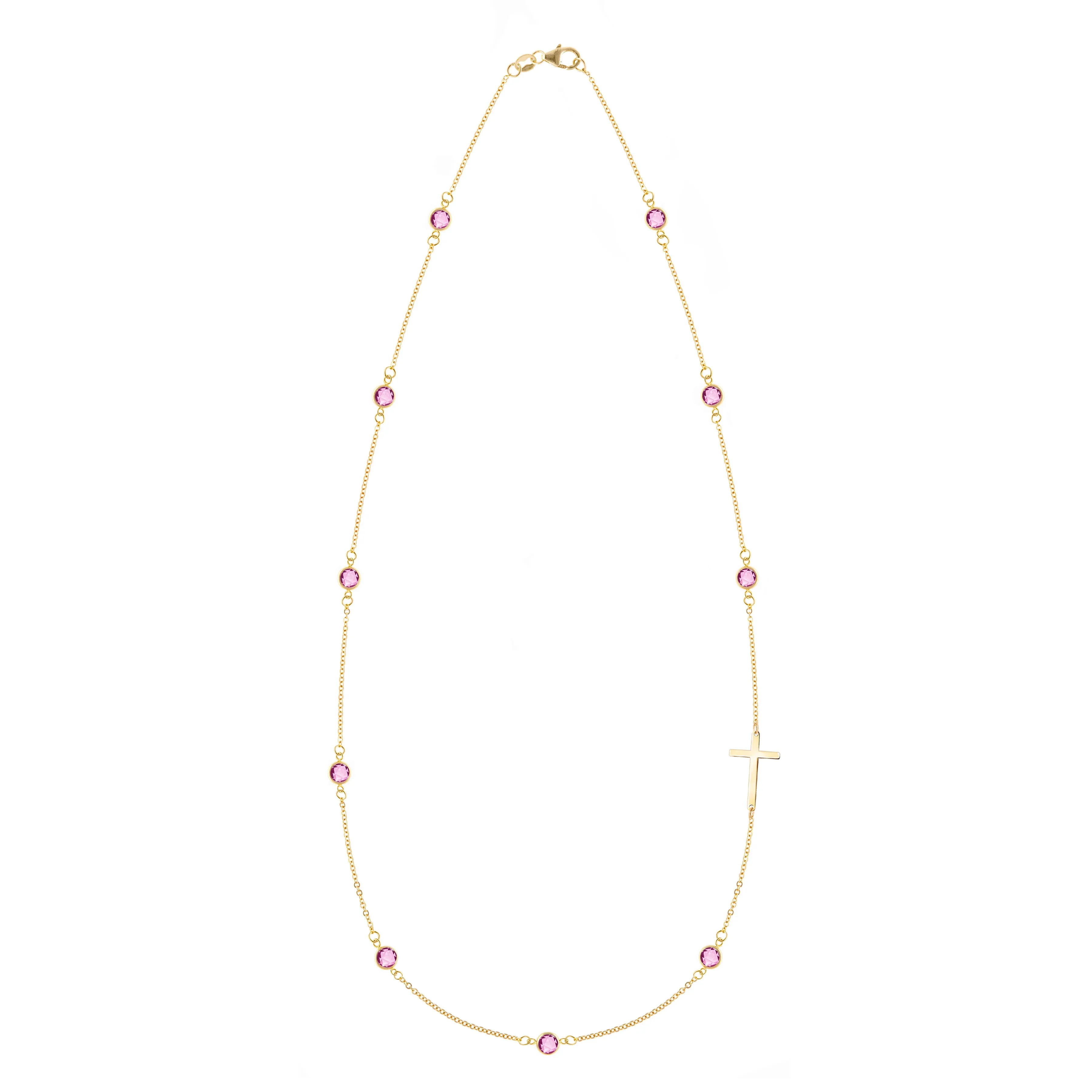 Bayberry Pink Sapphire Birthstone Cross Necklace in 14k Gold (October) sold by Haverhill